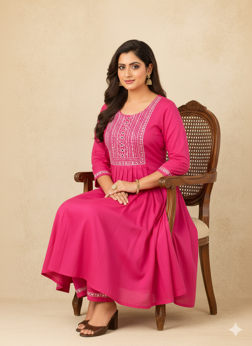 Rani Pink Embroidered Anarkali Kurti – Elegant Flowy Ethnic Wear