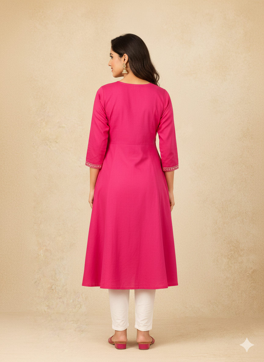Rani Pink Embroidered Anarkali Kurti – Elegant Flowy Ethnic Wear