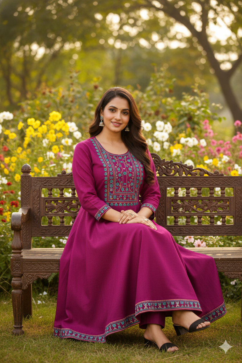 Wine Embroidered Anarkali Kurti – Timeless Elegant Ethnic Wear