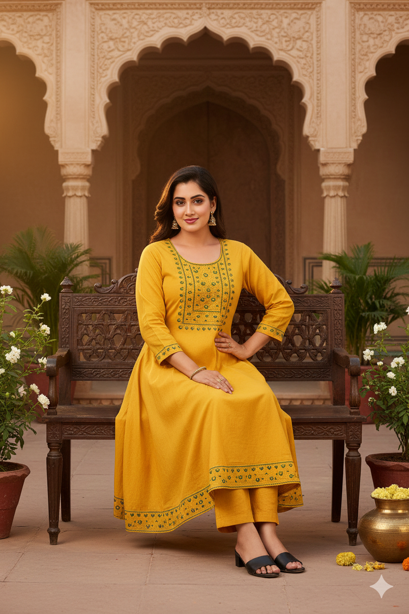 Mustard Yellow Embroidered Anarkali Kurti – Timeless Elegant Ethnic Wear
