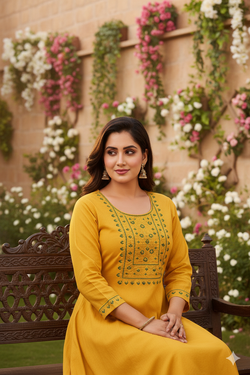 Mustard Yellow Embroidered Anarkali Kurti – Timeless Elegant Ethnic Wear
