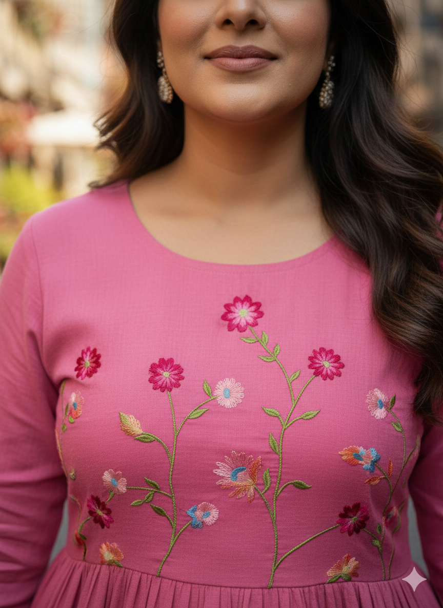 Rose Pink Embroidered Anarkali Kurti – Flowy Elegant Ethnic Wear