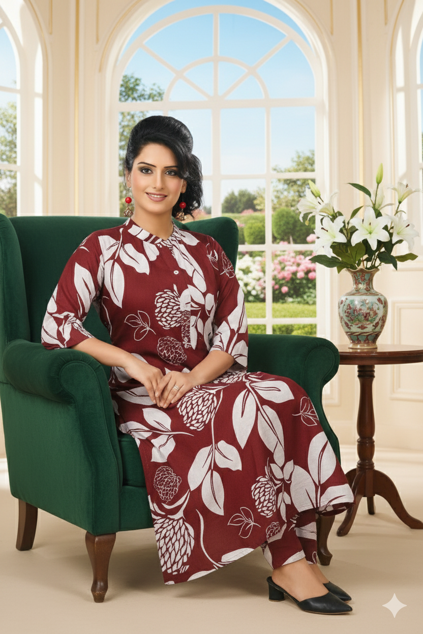 Maroon Floral Printed Straight Kurti – Elegant Everyday Ethnic Wear