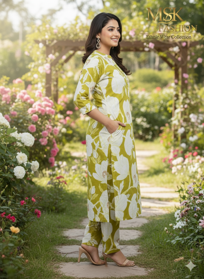 Olive Green Floral Printed Straight Kurti Set – Elegant Everyday Ethnic Wear