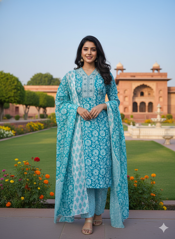 Teal Blue Floral Printed Kurta Set with Dupatta – Elegant Ethnic Wear