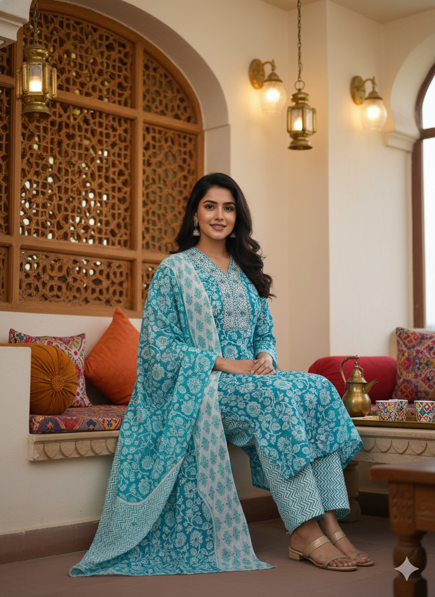 Teal Blue Floral Printed Kurta Set with Dupatta – Elegant Ethnic Wear
