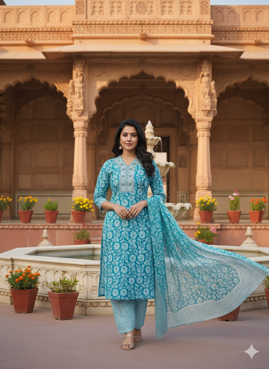 Teal Blue Floral Printed Kurta Set with Dupatta – Elegant Ethnic Wear