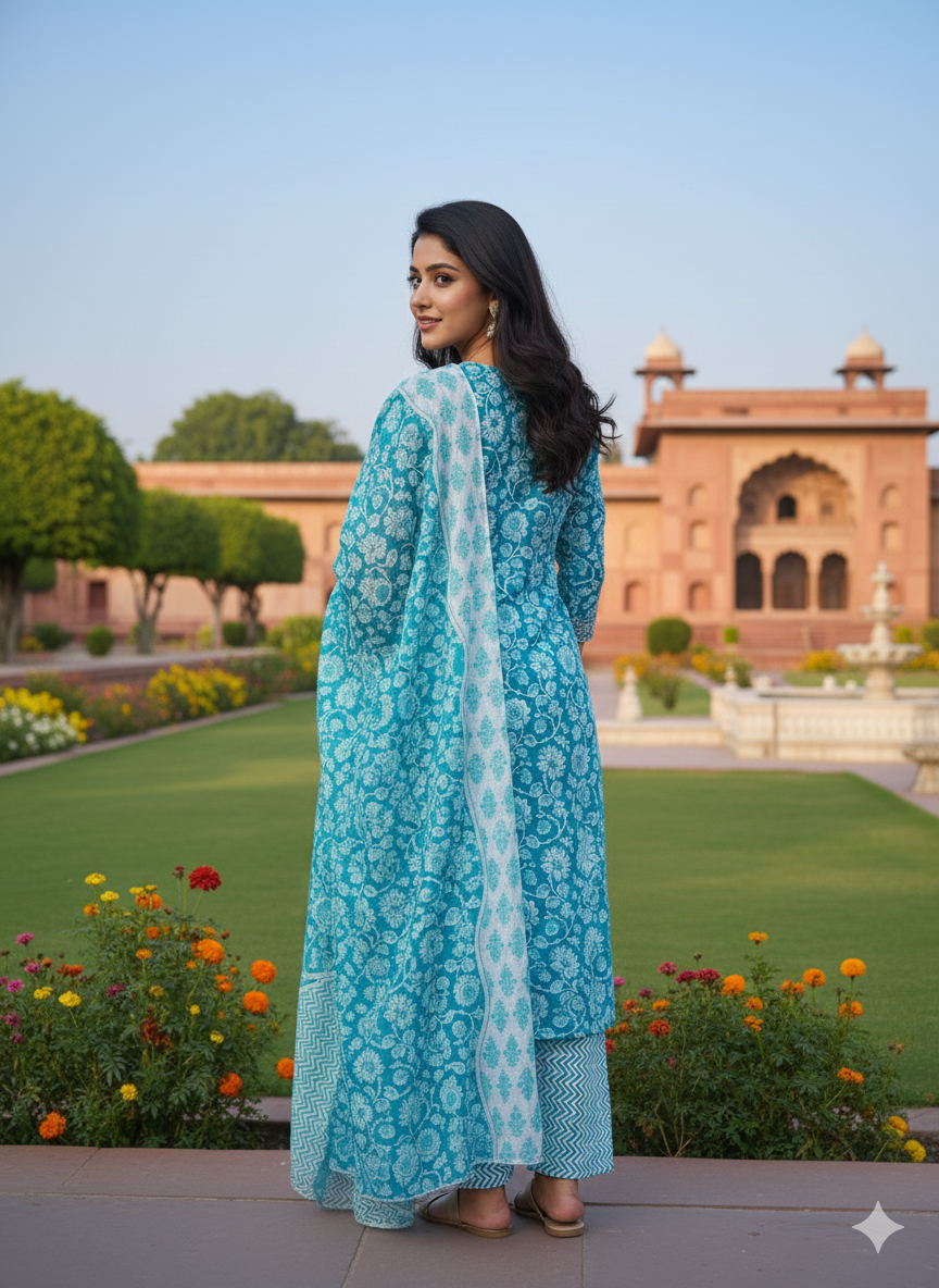 Teal Blue Floral Printed Kurta Set with Dupatta – Elegant Ethnic Wear