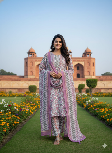 Mauve Floral Printed Kurta Set with Dupatta – Elegant Ethnic Wear