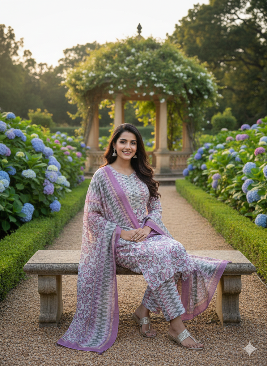 Mauve Floral Printed Kurta Set with Dupatta – Elegant Ethnic Wear