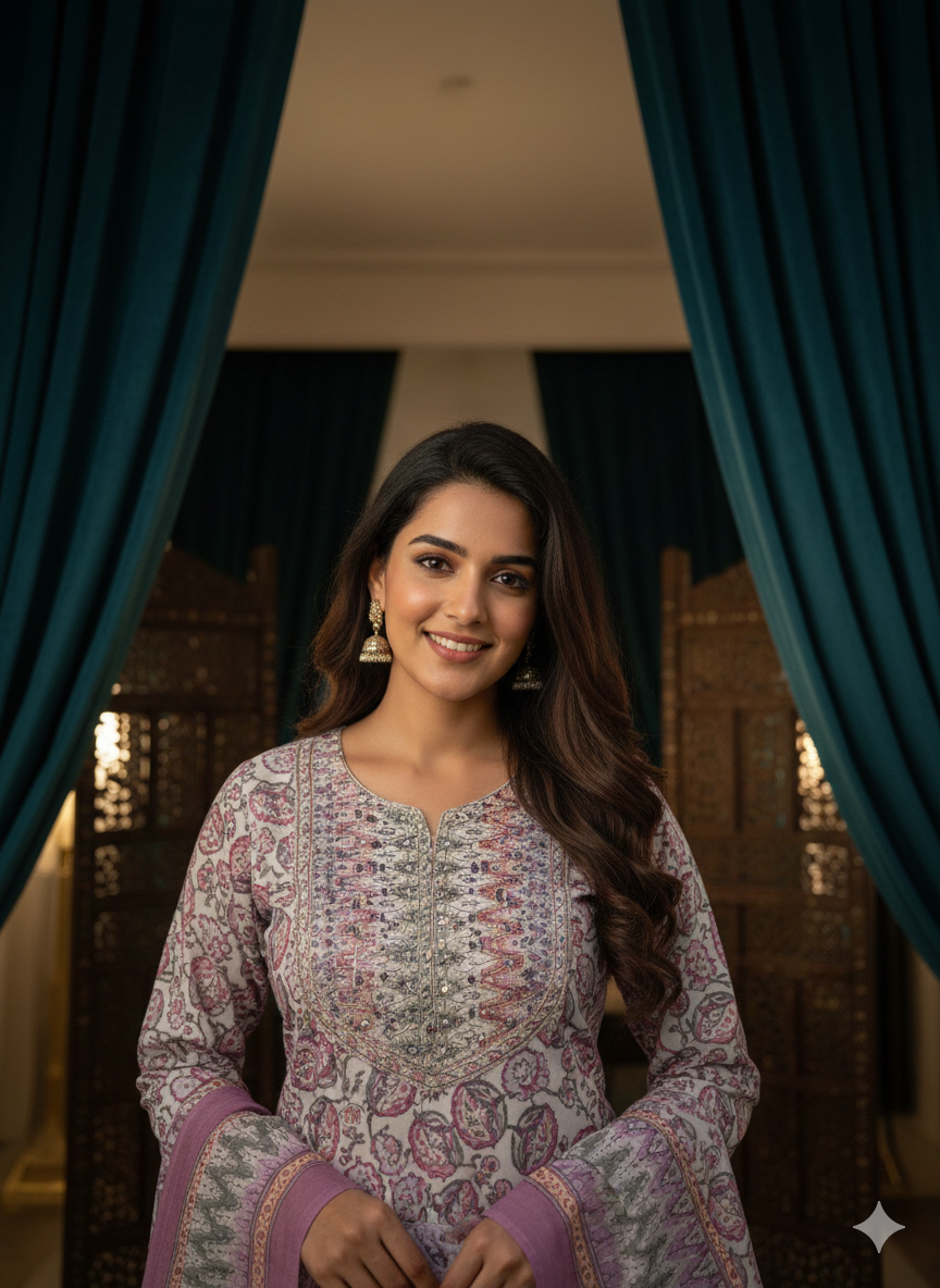 Mauve Floral Printed Kurta Set with Dupatta – Elegant Ethnic Wear