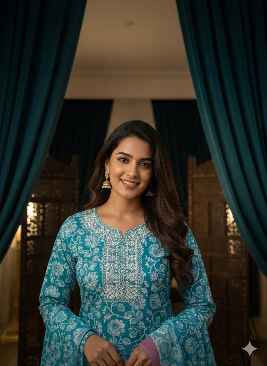 Teal Blue Floral Printed Kurta Set with Dupatta – Elegant Ethnic Wear