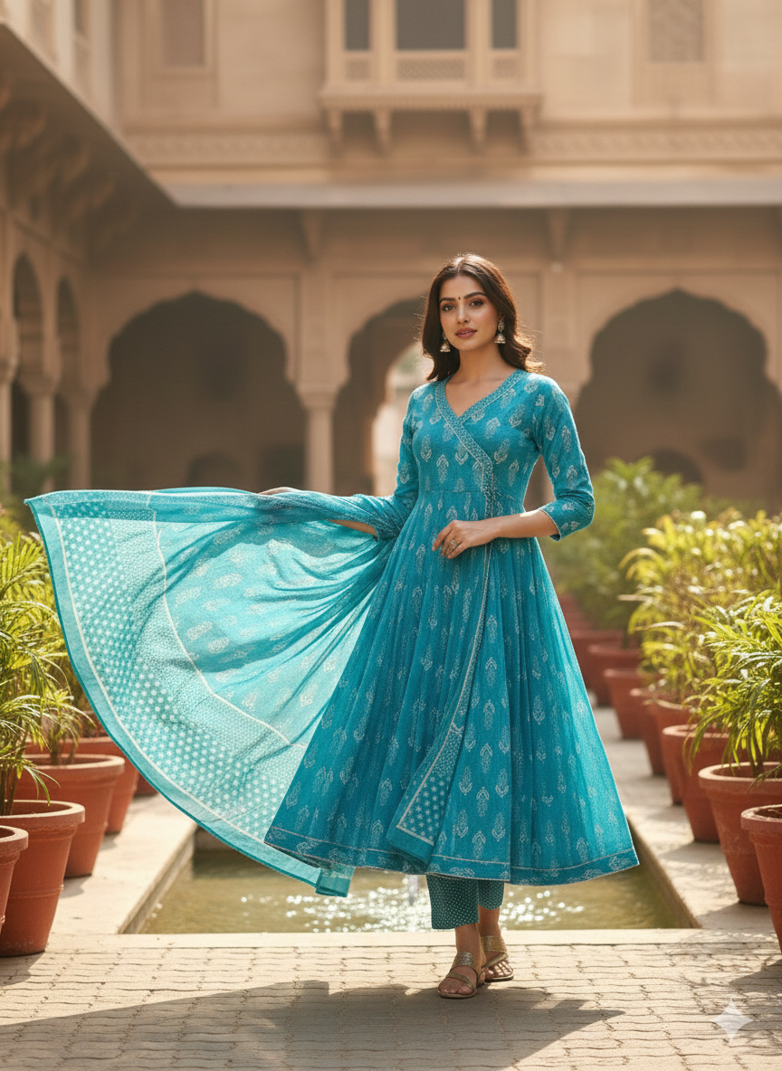 Teal Blue Printed Anarkali Kurti Set with Dupatta – Regal Ethnic Elegance