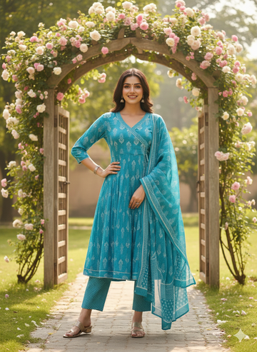 Teal Blue Printed Anarkali Kurti Set with Dupatta – Regal Ethnic Elegance