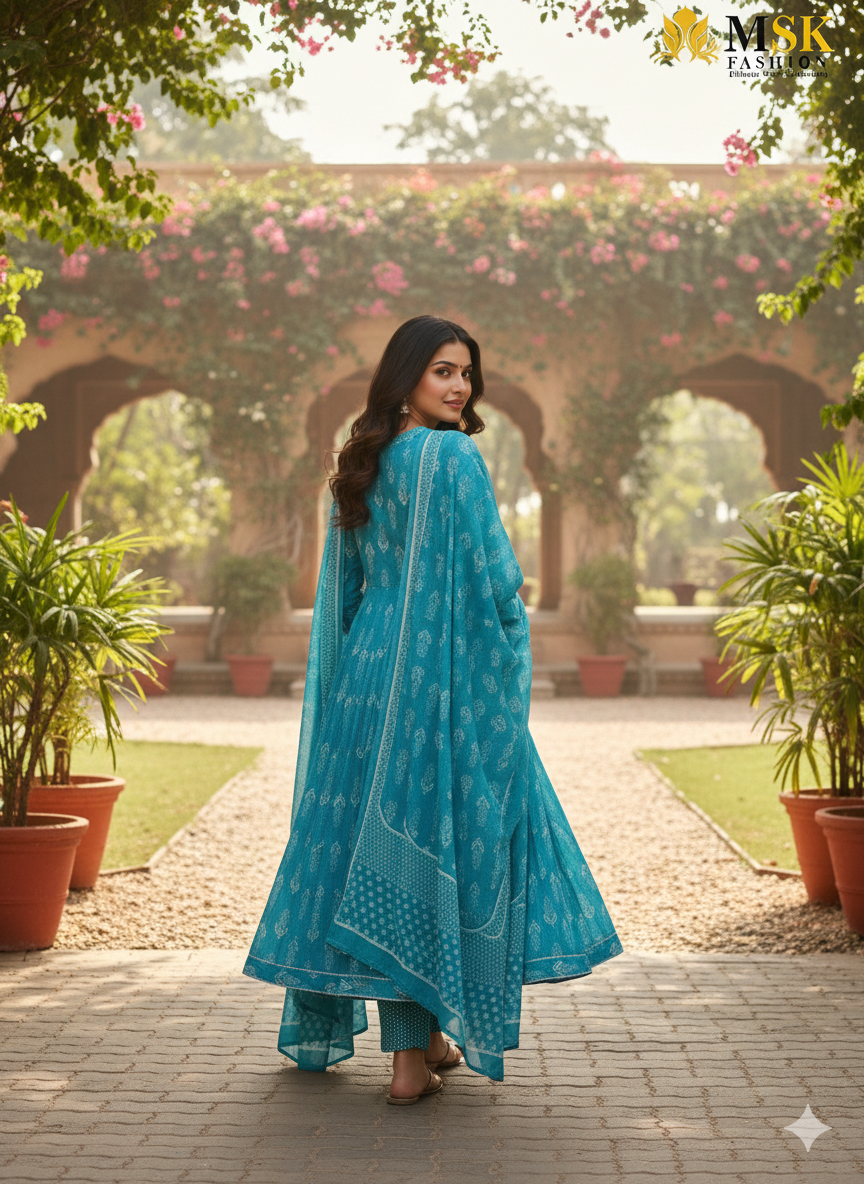 Teal Blue Printed Anarkali Kurti Set with Dupatta – Regal Ethnic Elegance