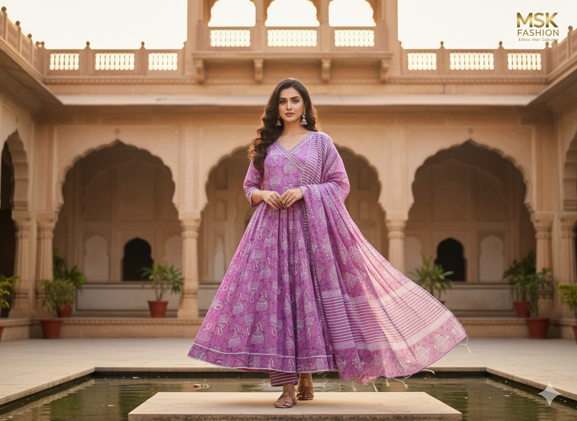 Lavender Printed Anarkali Kurti Set with Dupatta – Regal Ethnic Elegance