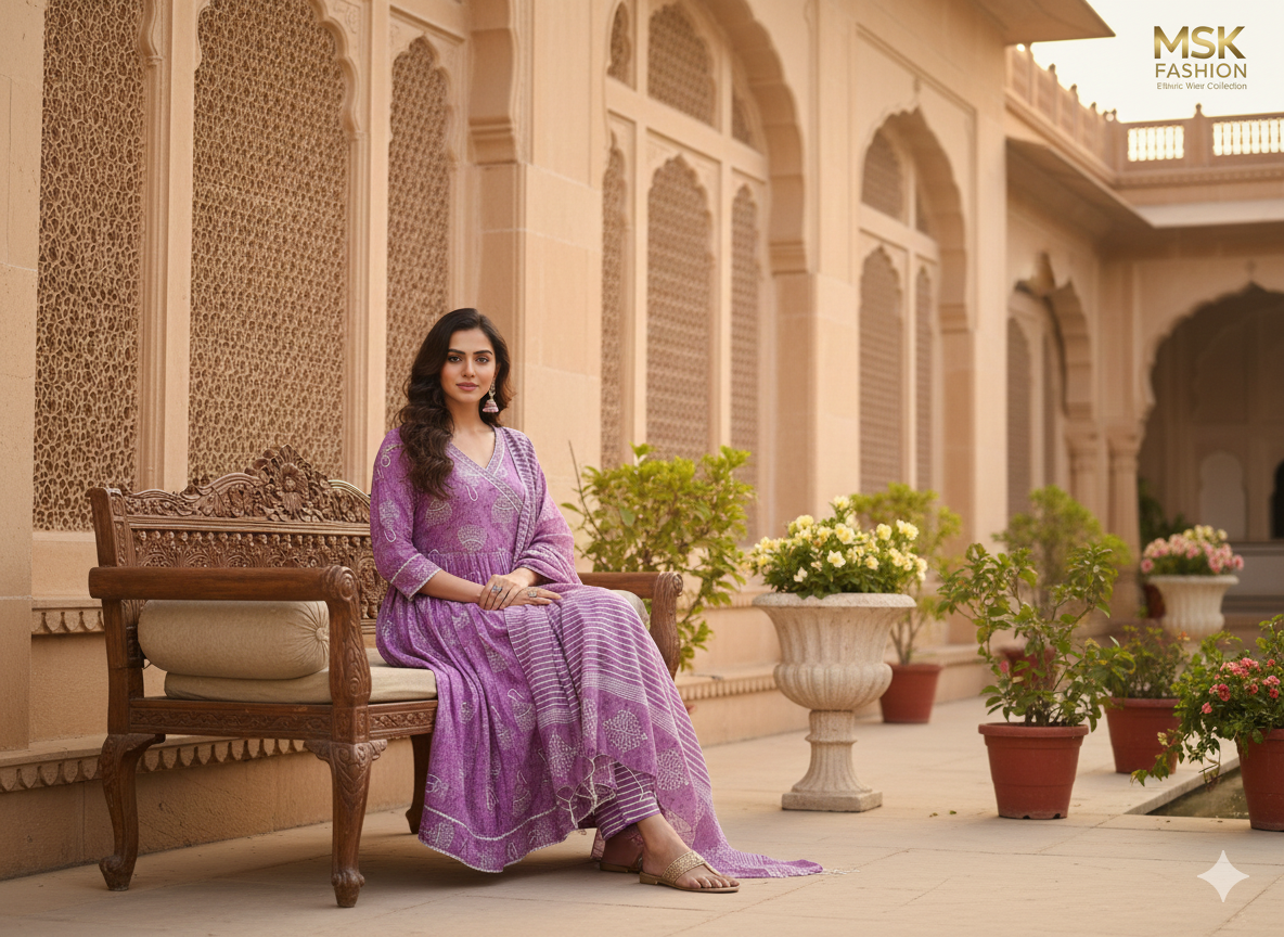 Lavender Printed Anarkali Kurti Set with Dupatta – Regal Ethnic Elegance