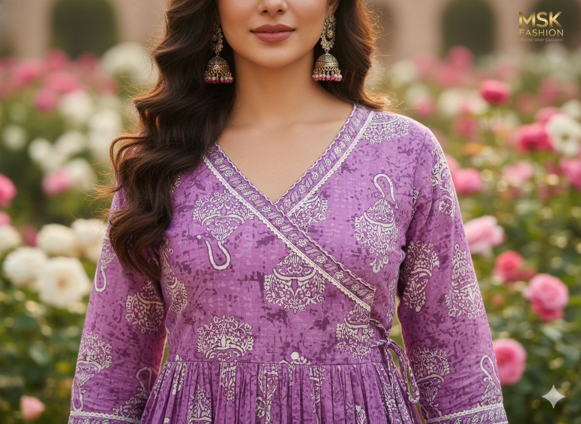 Lavender Printed Anarkali Kurti Set with Dupatta – Regal Ethnic Elegance