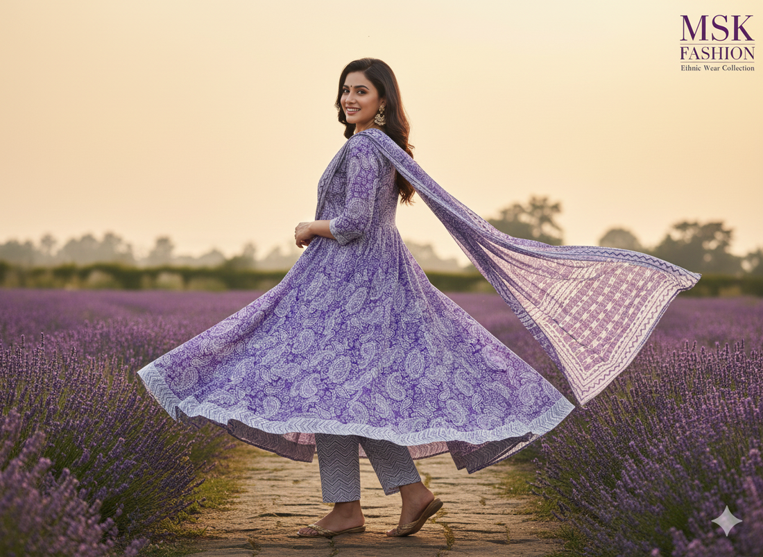 Lavender Floral Printed Anarkali Cotton Kurti Set with Dupatta – Elegant Ethnic Wear