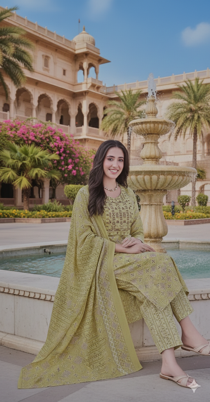 Olive Green Printed Kurti Set with Dupatta – Elegant Festive Ethnic Wear