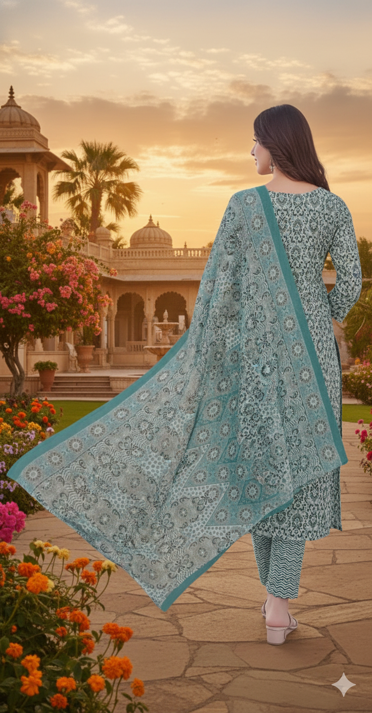 Teal Green Printed Kurti Set with Dupatta – Elegant Festive Ethnic Wear