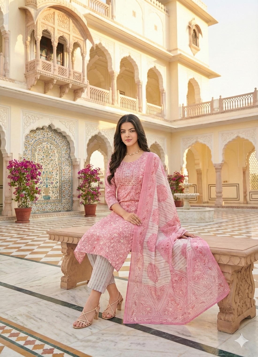Blush Pink Floral Printed Kurti Set with Dupatta – Elegant Ethnic Wear