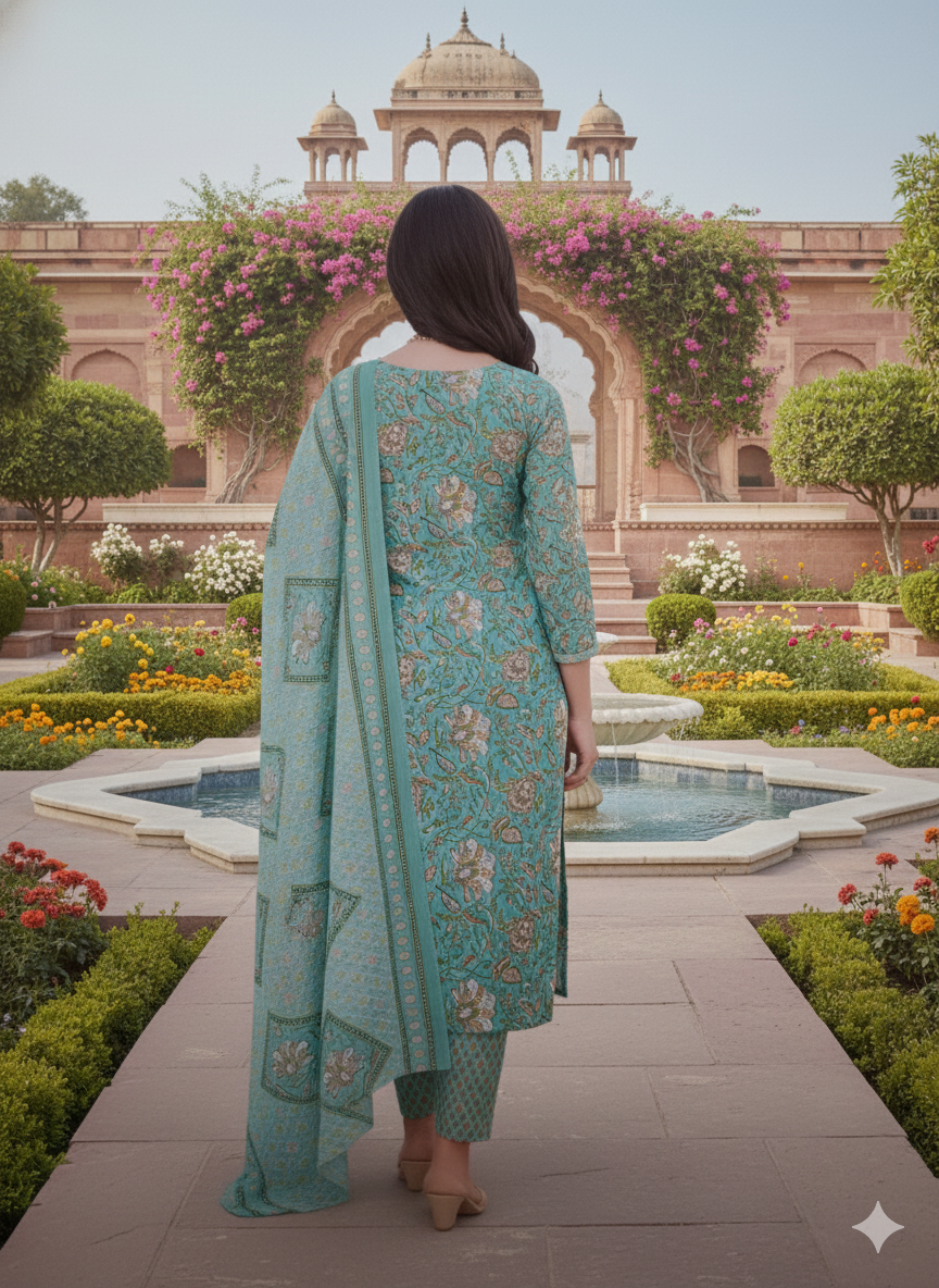 Teal Green Floral Printed Kurti Set with Dupatta – Elegant Ethnic Wear