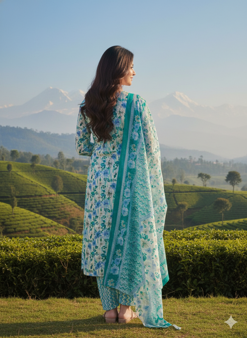 Teal Blue Floral Printed Kurti Set with Dupatta – Elegant Festive Ethnic Wear