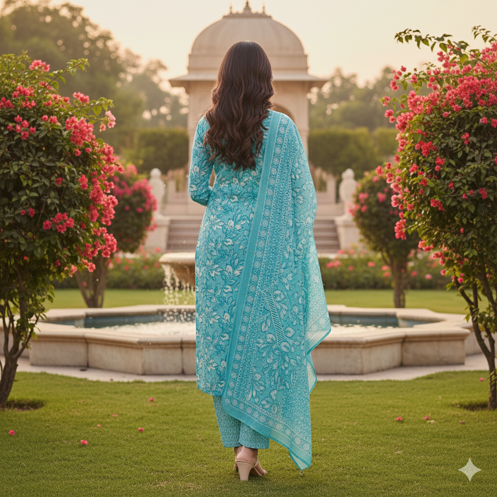 Teal Green Floral Printed Kurti Set with Dupatta – Elegant Ethnic Wear