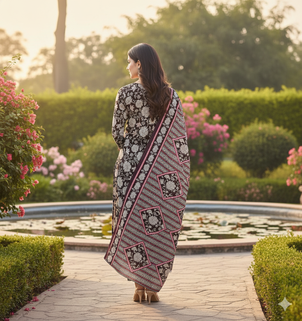 Chocolate Brown Floral Kurti Set with Dupatta – Timeless Ethnic Elegance