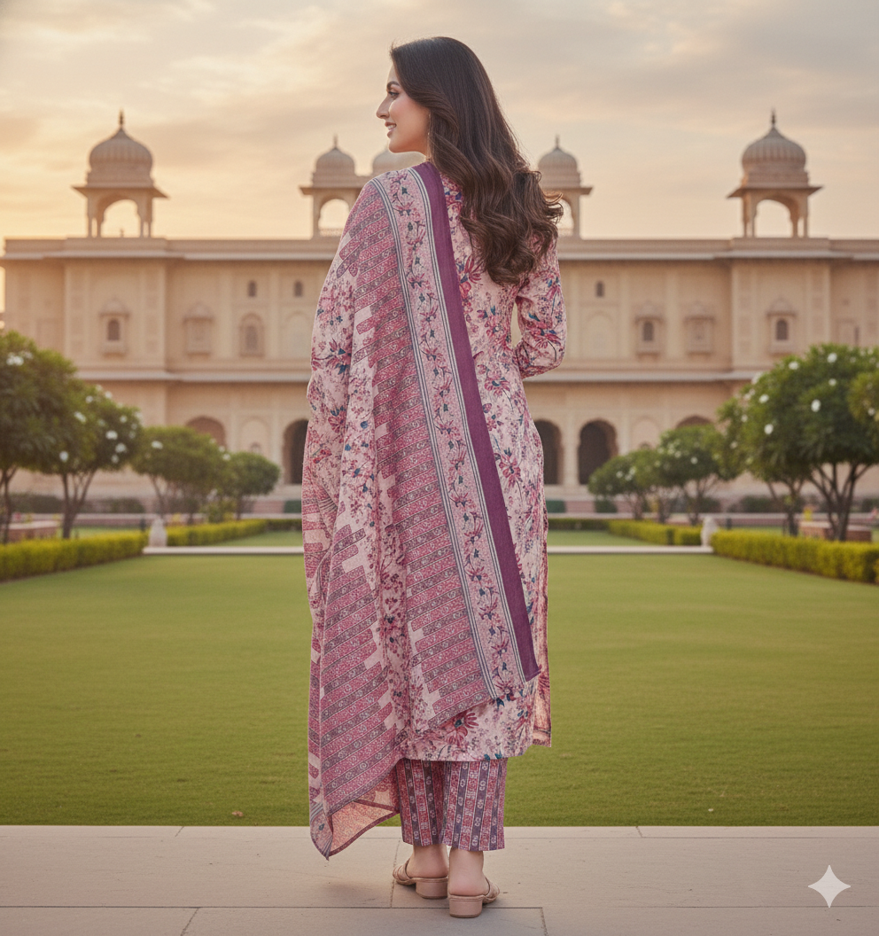 Dusty Rose Floral Printed Kurti Set with Dupatta – Elegant Festive Ethnic Wear