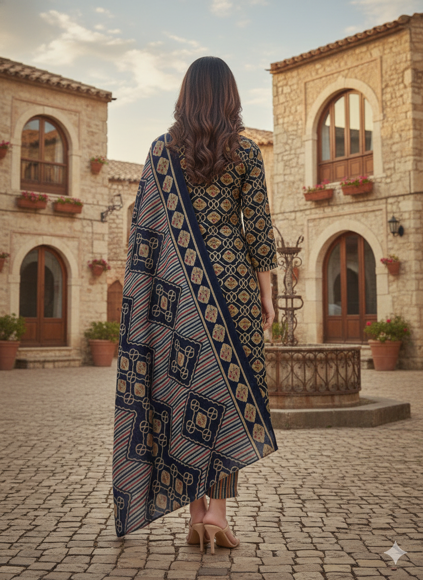Navy Blue Printed Kurti Set with Dupatta – Timeless Elegant Ethnic Wear