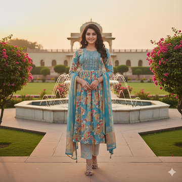 Sky Blue Floral Printed Anarkali Kurti Set with Dupatta