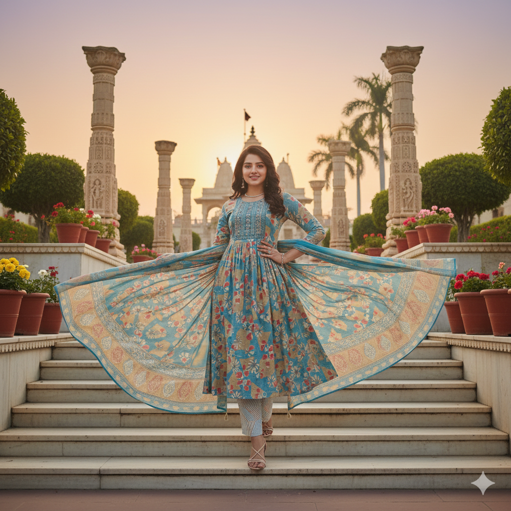 Sky Blue Floral Printed Anarkali Kurti Set with Dupatta