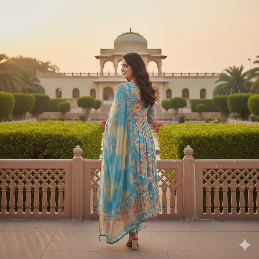 Sky Blue Floral Printed Anarkali Kurti Set with Dupatta