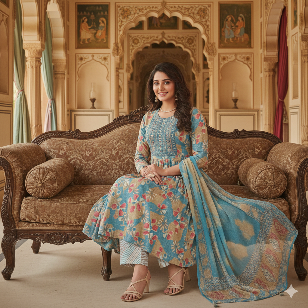 Sky Blue Floral Printed Anarkali Kurti Set with Dupatta