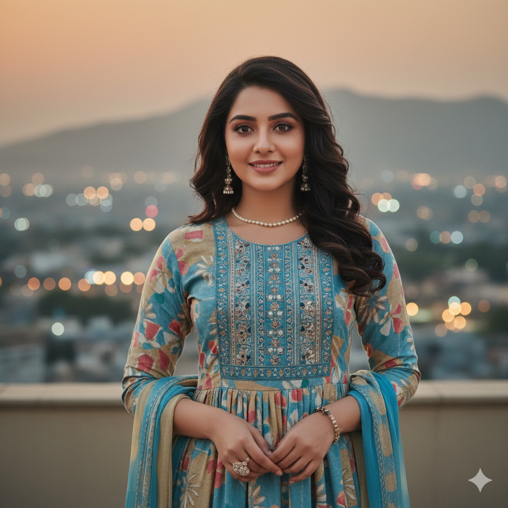 Sky Blue Floral Printed Anarkali Kurti Set with Dupatta