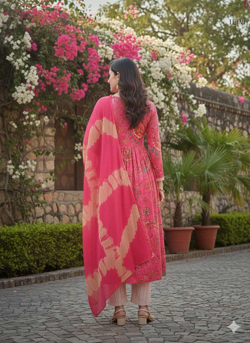 Rose Pink Floral Printed Anarkali Kurti Set with Dupatta – Festive Ethnic Wear