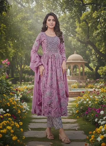 Mauve Floral Printed Anarkali Kurti Set with Dupatta – Elegant Ethnic Wear