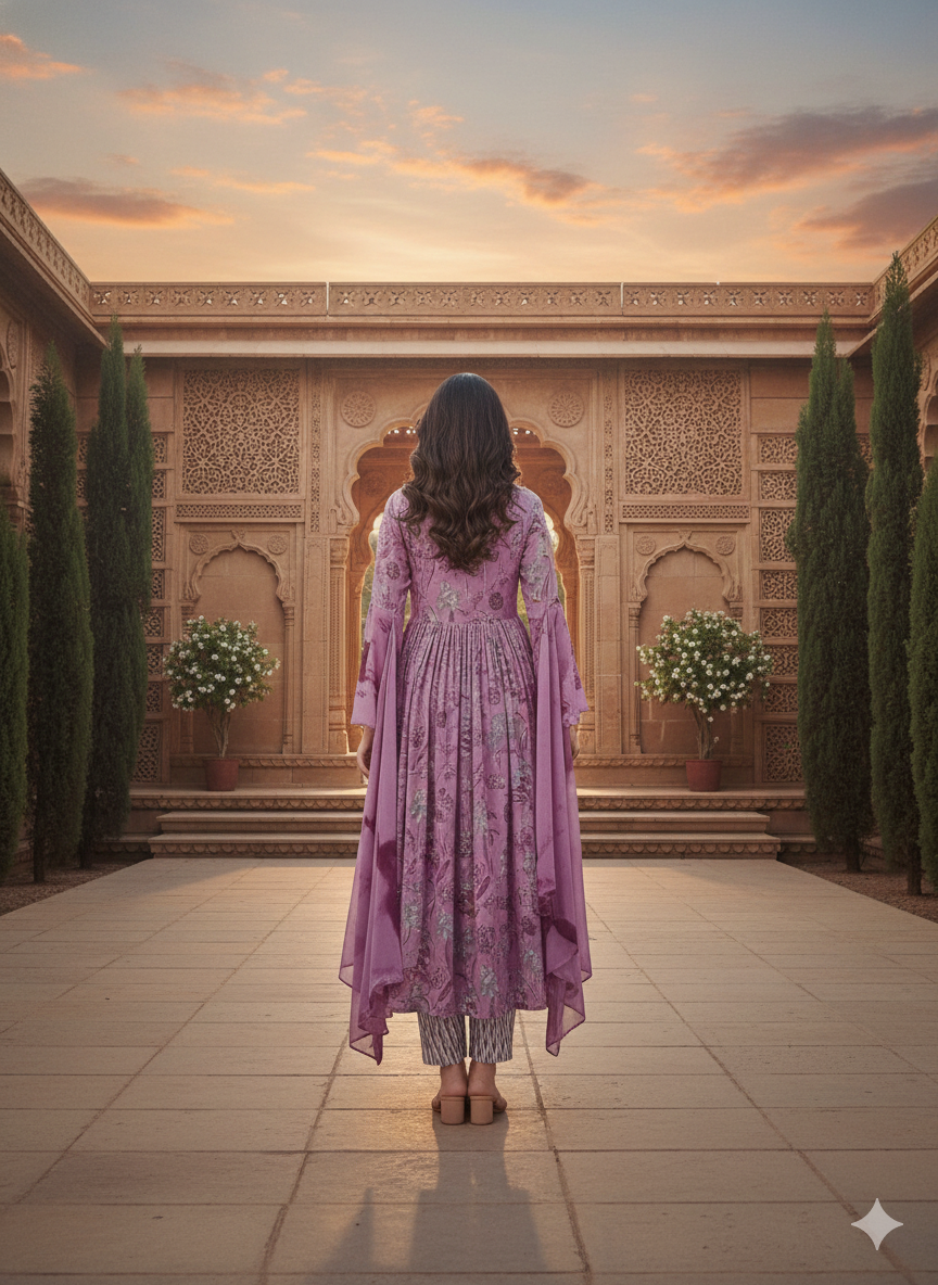 Mauve Floral Printed Anarkali Kurti Set with Dupatta – Elegant Ethnic Wear