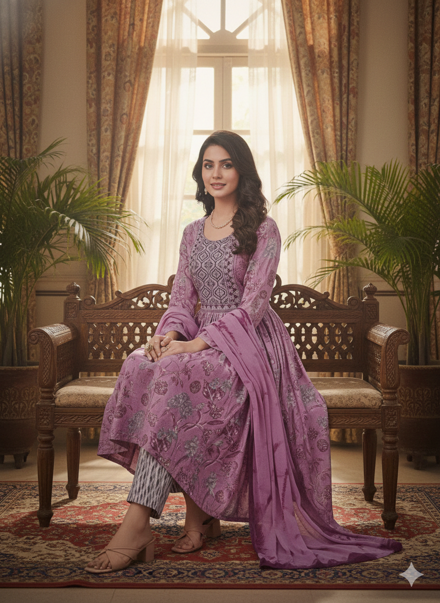Mauve Floral Printed Anarkali Kurti Set with Dupatta – Elegant Ethnic Wear