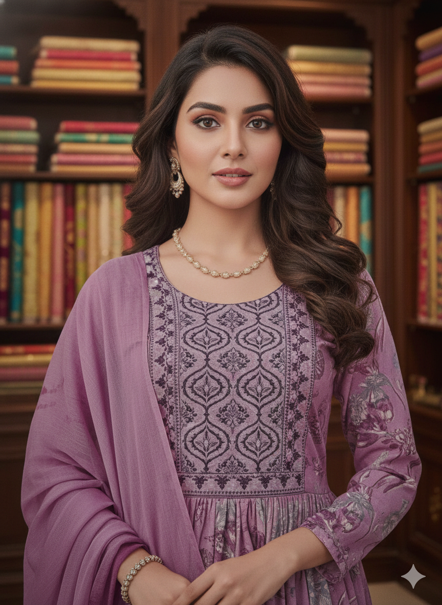 Mauve Floral Printed Anarkali Kurti Set with Dupatta – Elegant Ethnic Wear