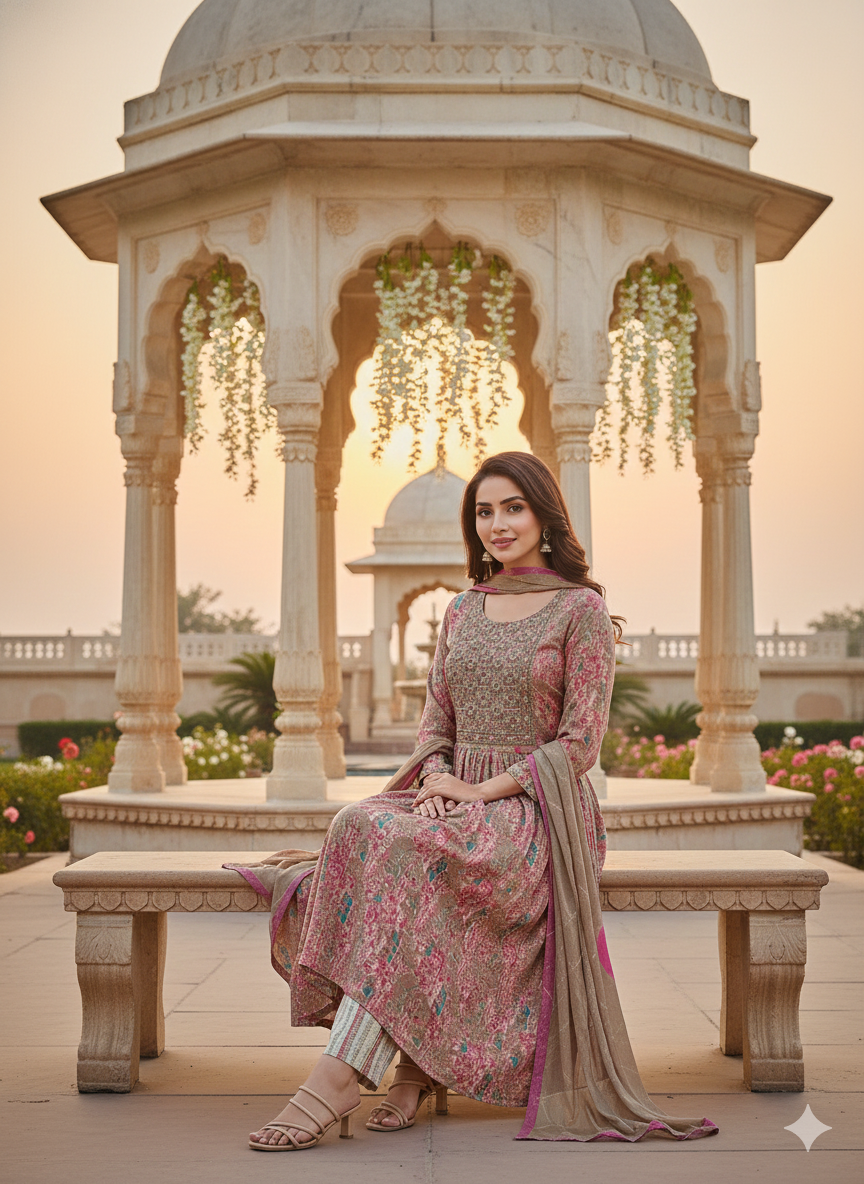 Soft Mauve Floral Printed Anarkali Kurti Set with Dupatta – Elegant Ethnic Wear
