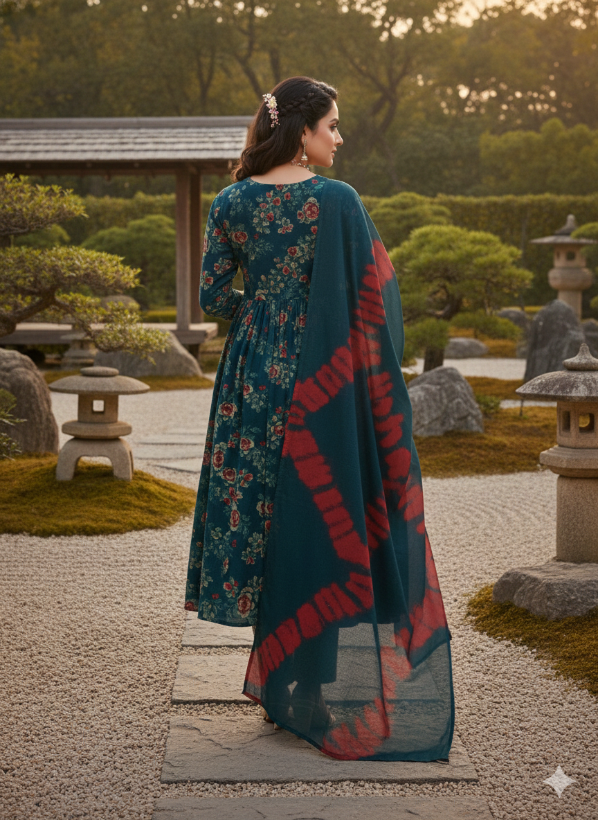 Teal Blue Floral Printed Anarkali Kurti Set with Dupatta – Timeless Ethnic Elegance