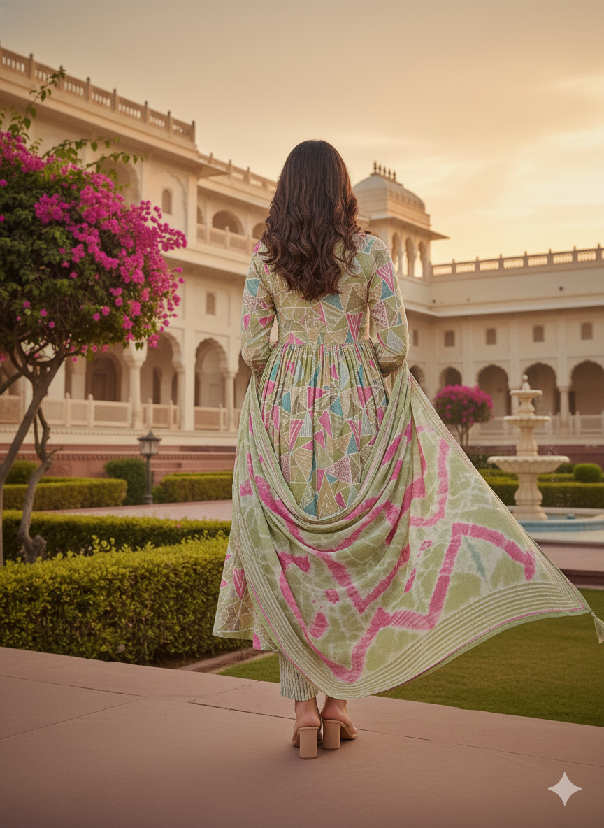 Sage Green Geometric Printed Anarkali Kurti Set with Dupatta – Timeless Ethnic Elegance