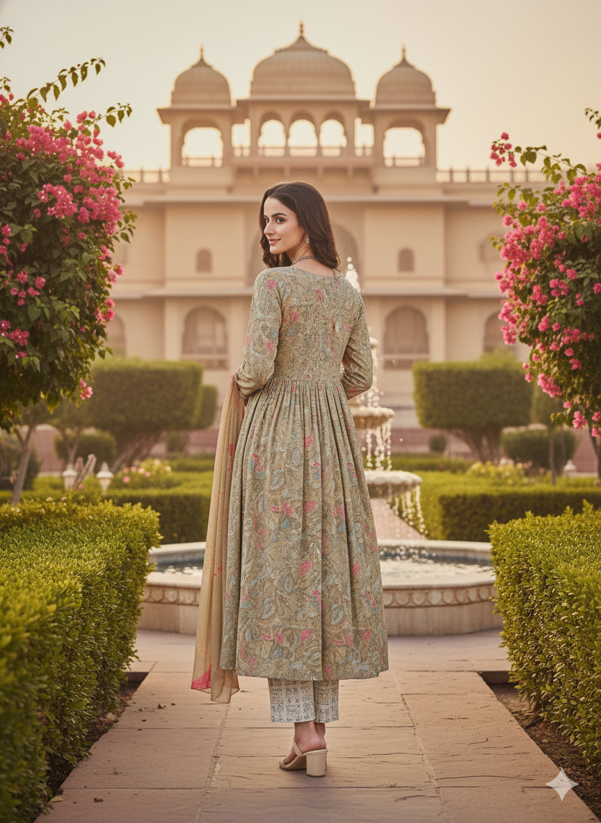 Sage Green Floral Printed Anarkali Kurti Set with Dupatta – Timeless Ethnic Elegance