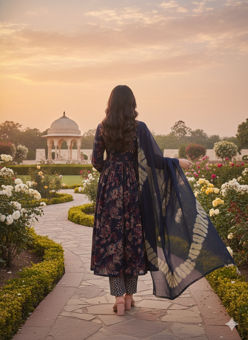 Navy Blue Floral Anarkali Kurti Set with Dupatta – Elegant Festive Wear