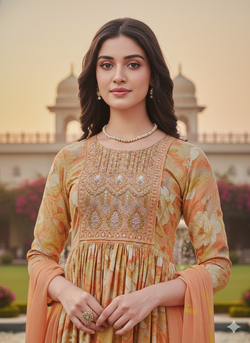 Peach Floral Printed Anarkali Kurti Set with Dupatta – Elegant Festive Ethnic Wear