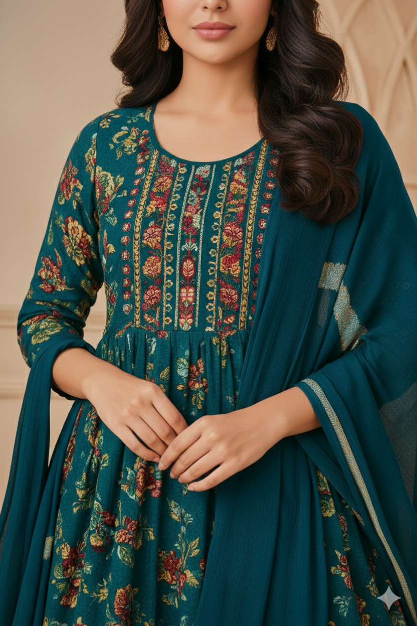 Premium Black Floral Anarkali Kurti Set with Dupatta