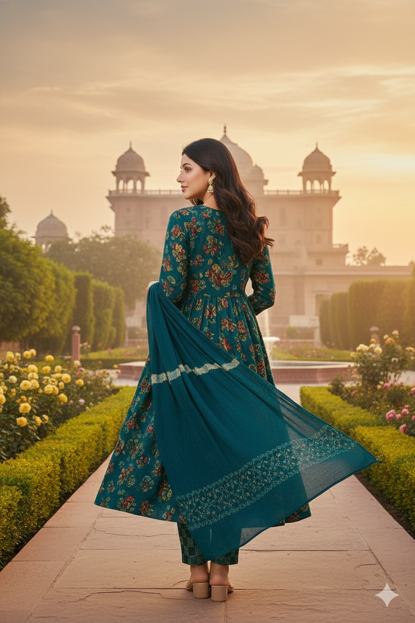 Premium Black Floral Anarkali Kurti Set with Dupatta